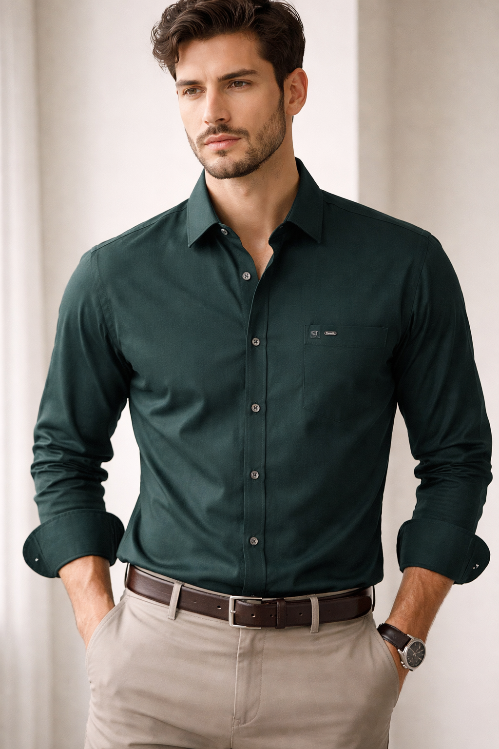Men’s Premium Cotton Bottle Green Solid Casual Shirt - 26160