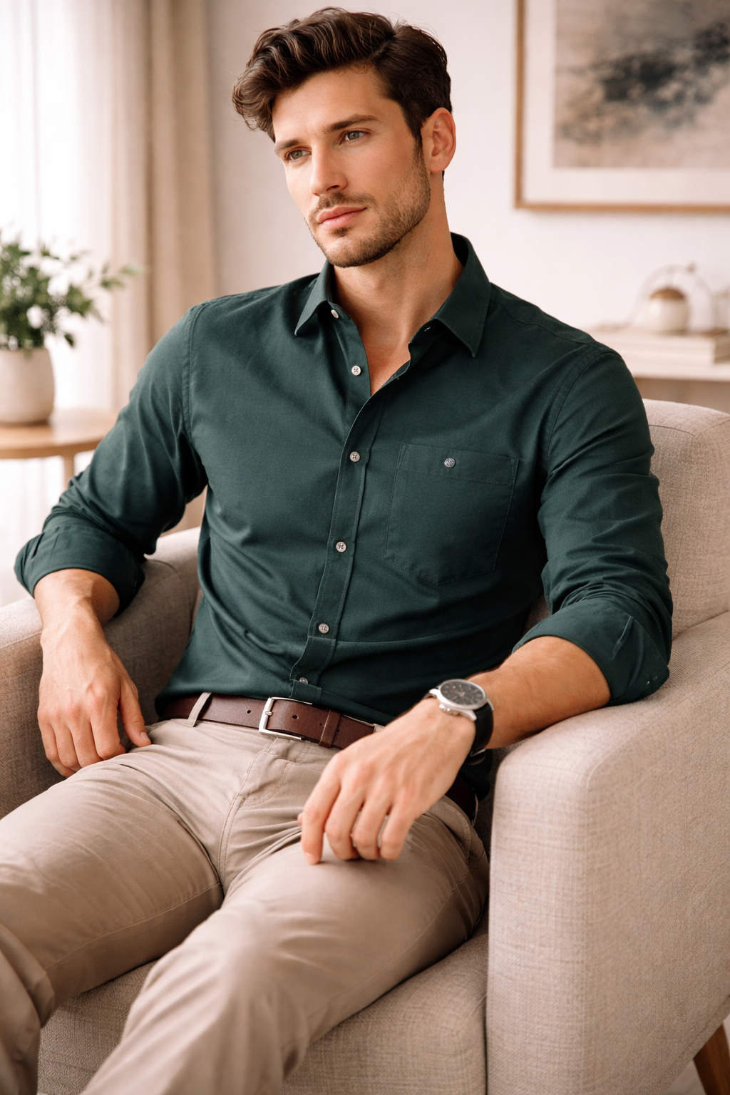 Men’s Premium Cotton Bottle Green Solid Casual Shirt - 26160