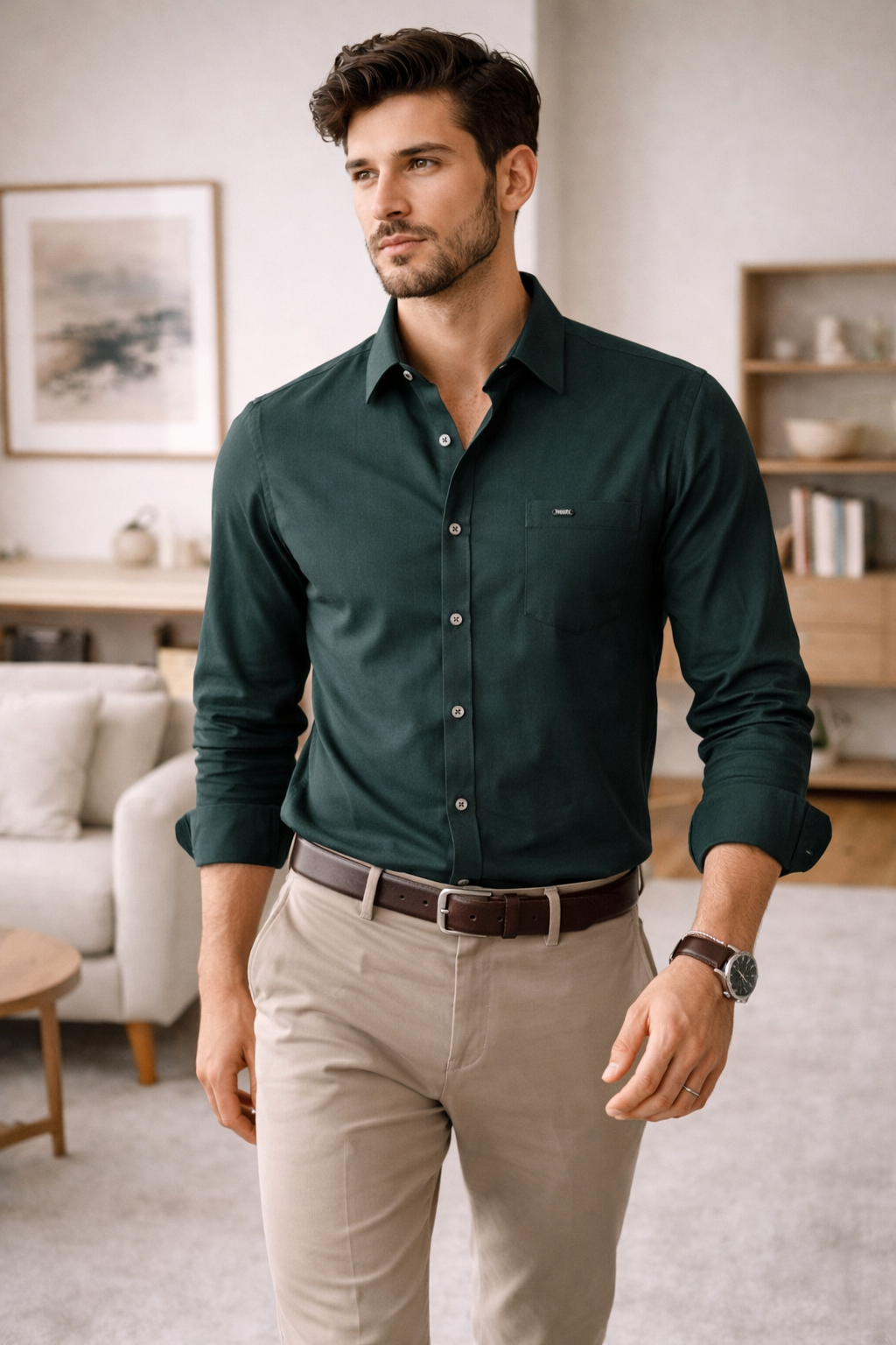 Men’s Premium Cotton Bottle Green Solid Casual Shirt - 26160
