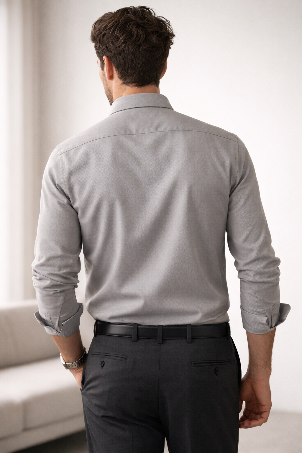 Men’s Slim-Fit Solid Cotton Shirt in Steel Grey - 26158