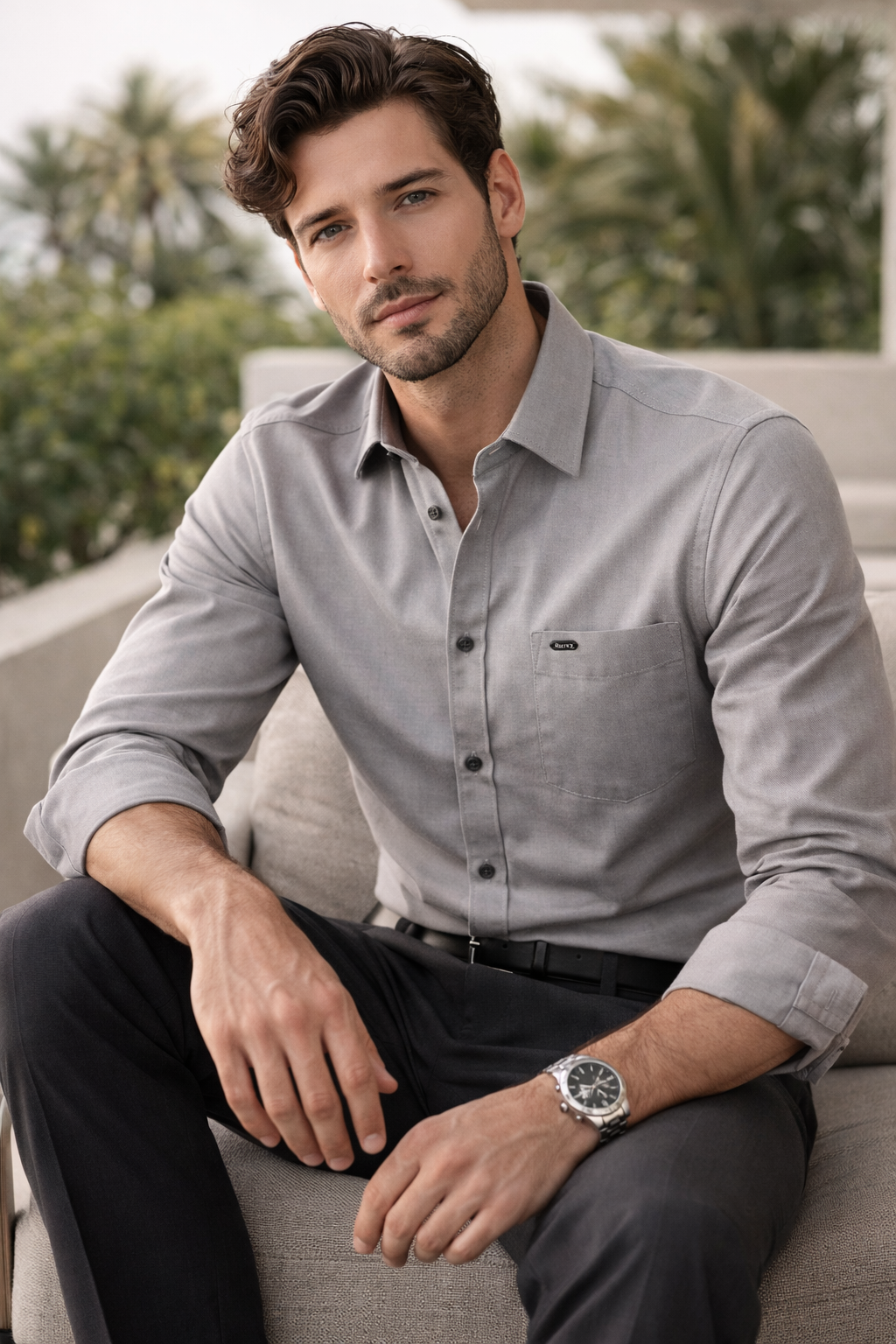 Men’s Slim-Fit Solid Cotton Shirt in Steel Grey - 26158