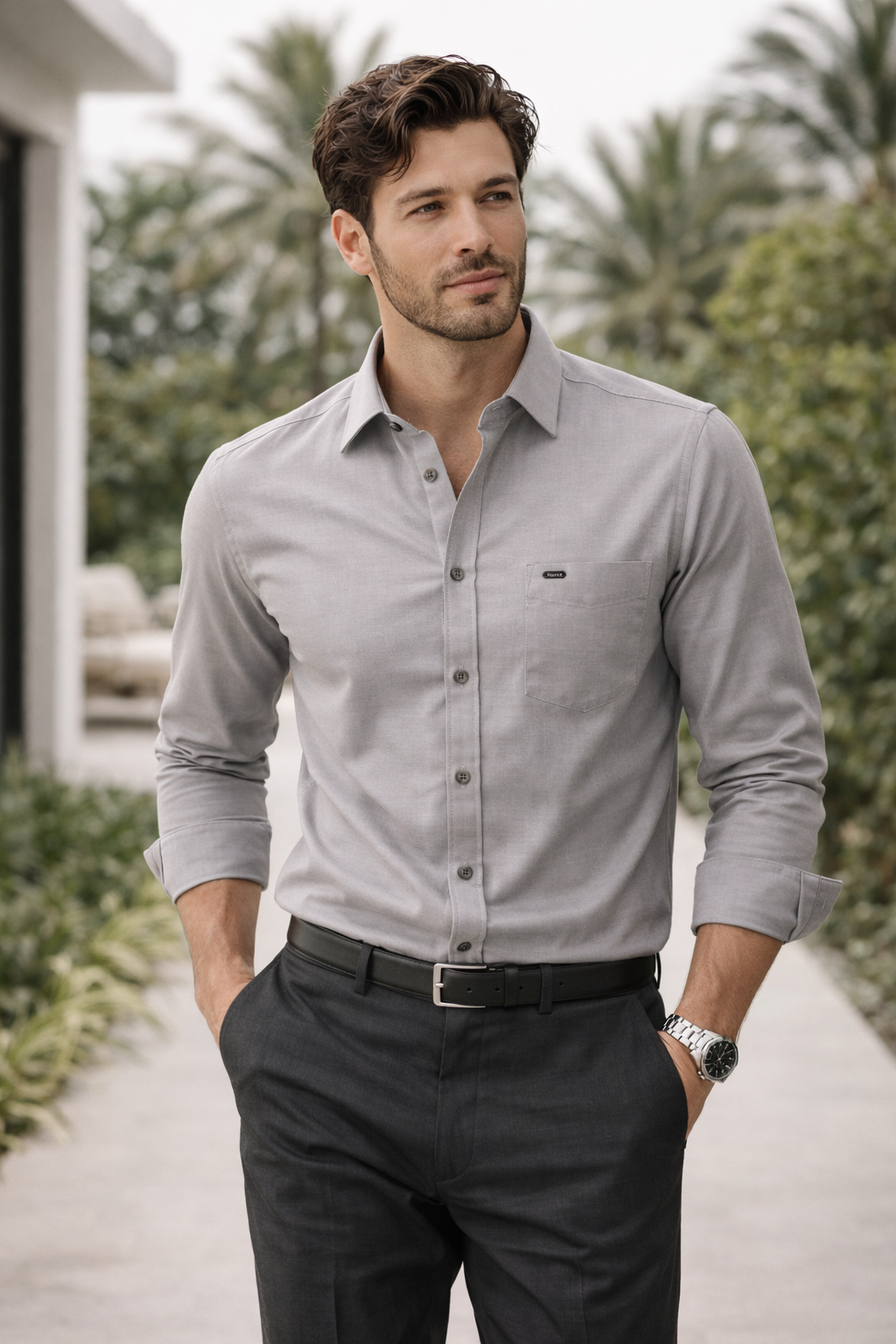 Men’s Slim-Fit Solid Cotton Shirt in Steel Grey - 26158