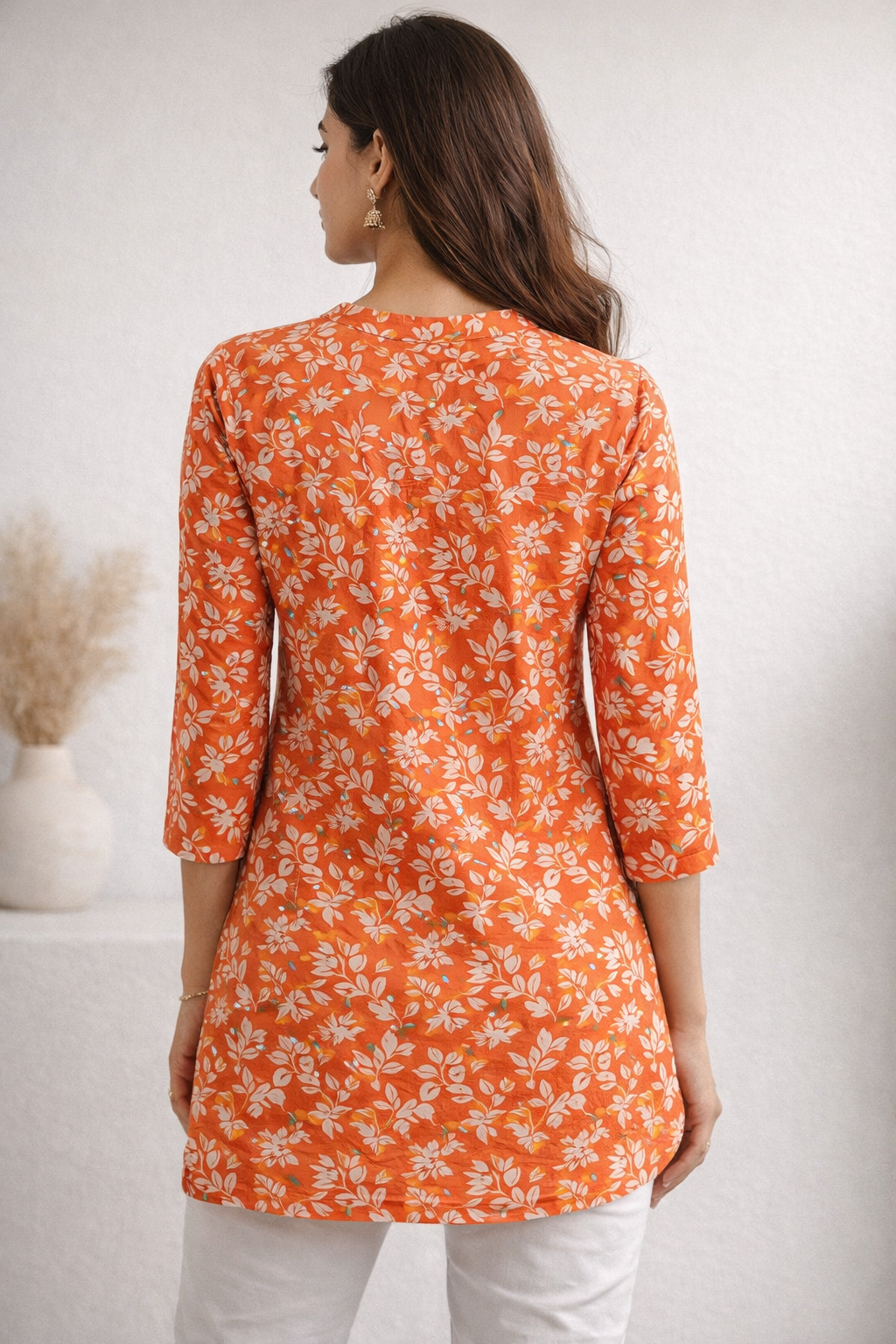 Women's Orange Floral Print Cotton Straight Kurti - 26567