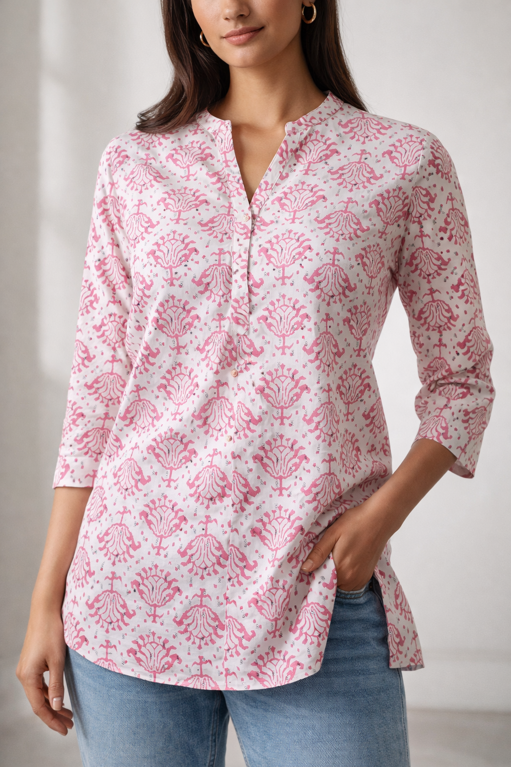 Women’s Pastel Pink Geometric Floral Print Kurti - 26565