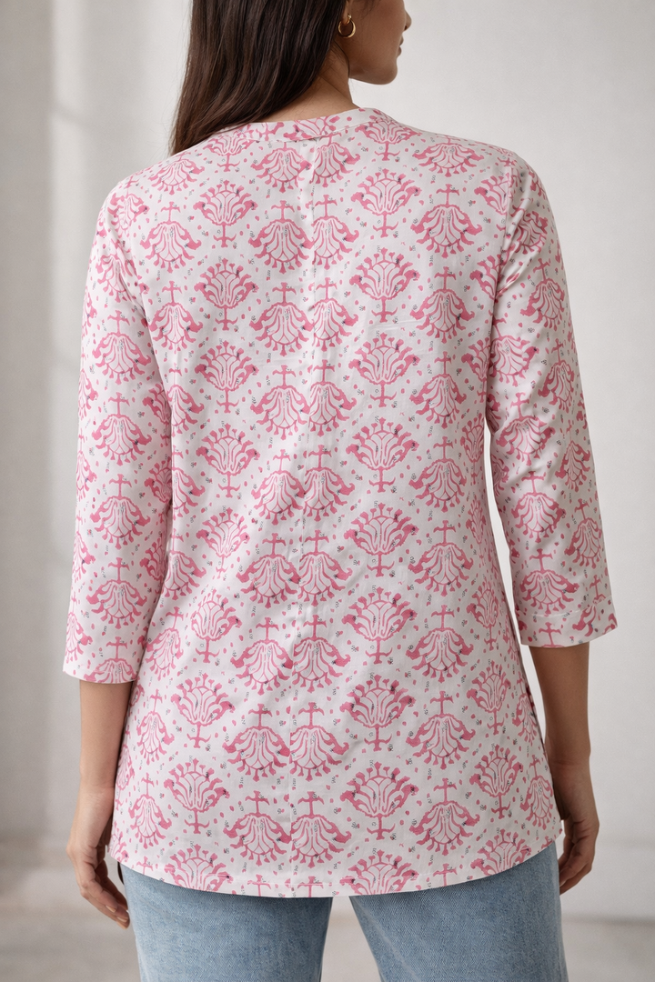Women’s Pastel Pink Geometric Floral Print Kurti - 26565