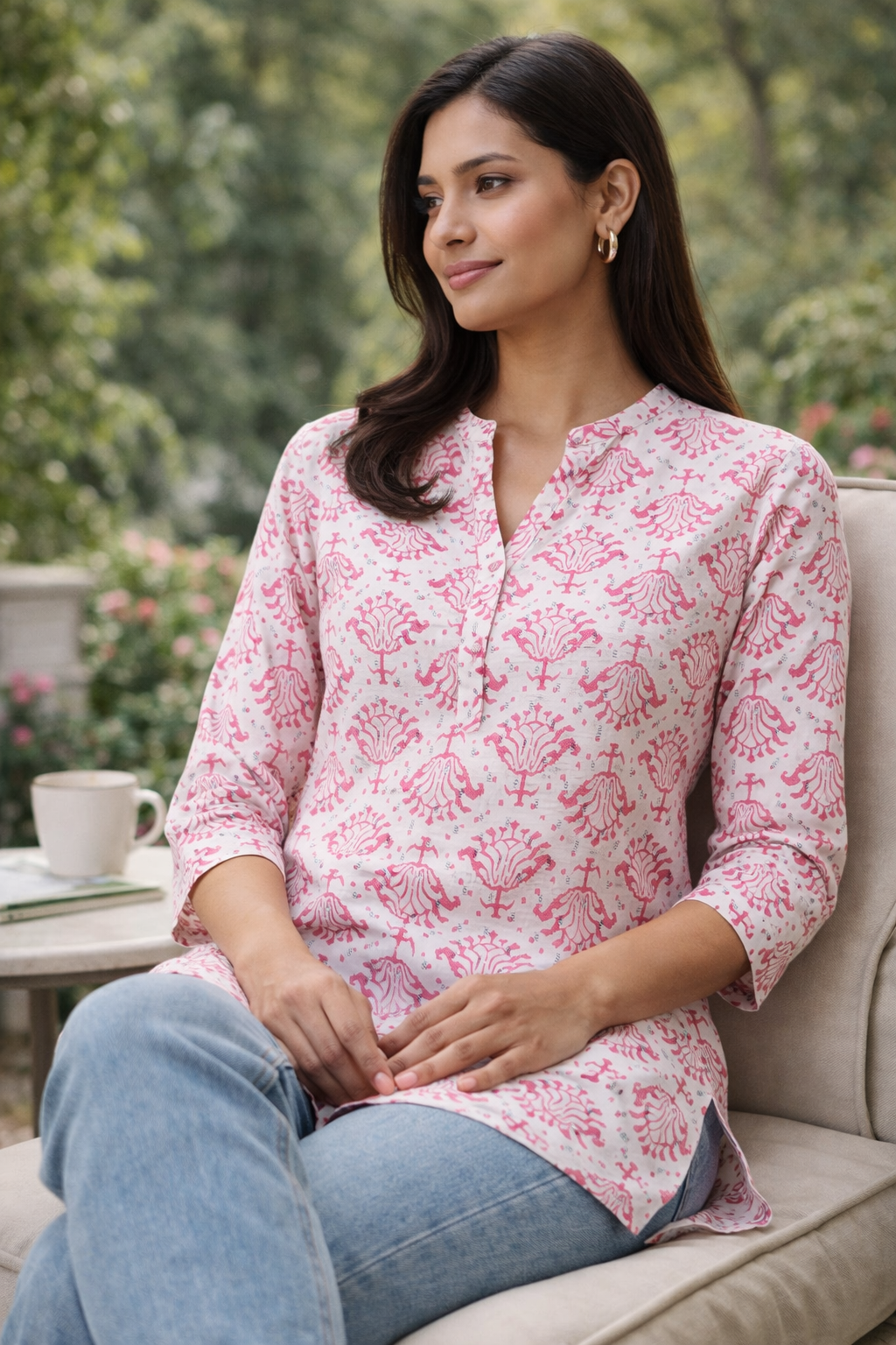 Women’s Pastel Pink Geometric Floral Print Kurti - 26565