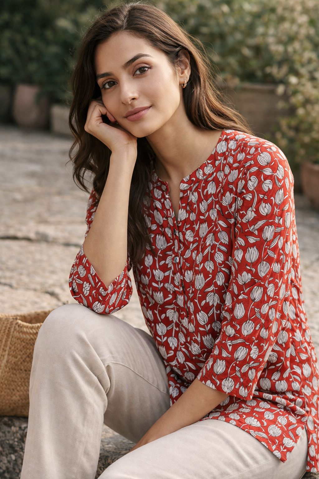Rust Red Floral Print Women’s Kurti - 26007