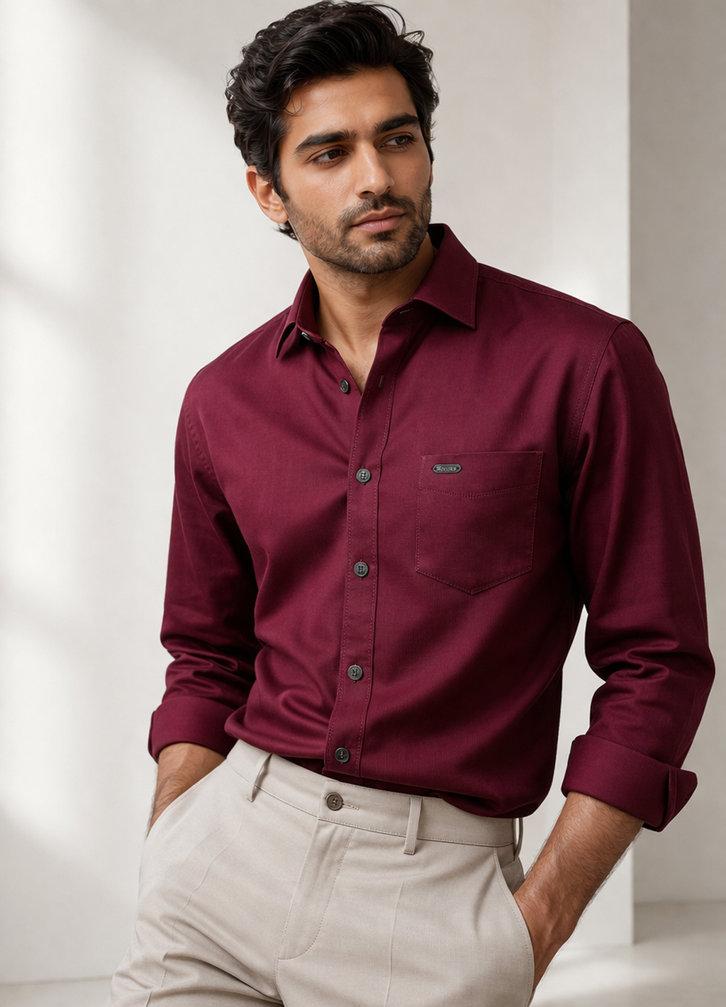 Men's Maroon Solid Cotton Casual Shirt - 26157