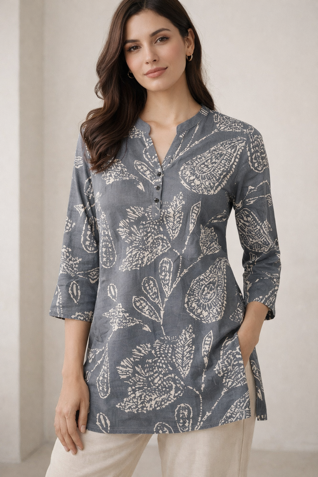 Slate Grey Abstract Print Women’s Kurti - 26001