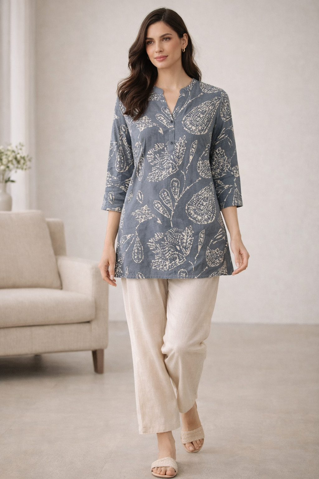Slate Grey Abstract Print Women’s Kurti - 26001