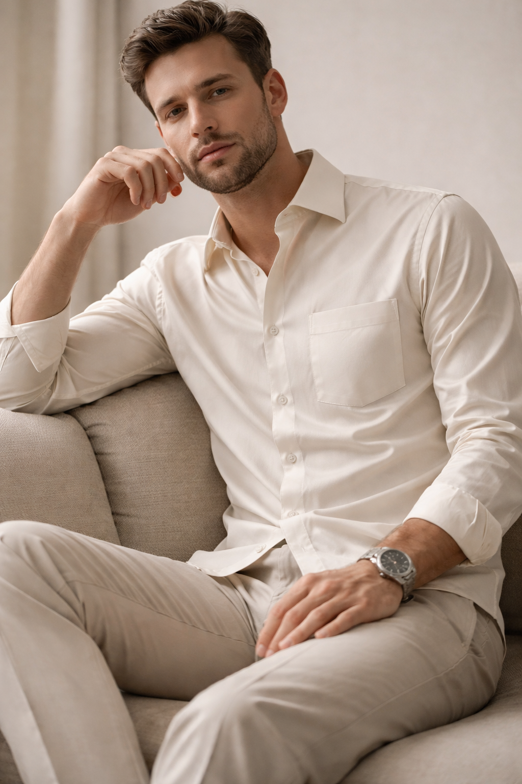 Men’s Premium Solid Cotton Satin Ivory Cream - 26500