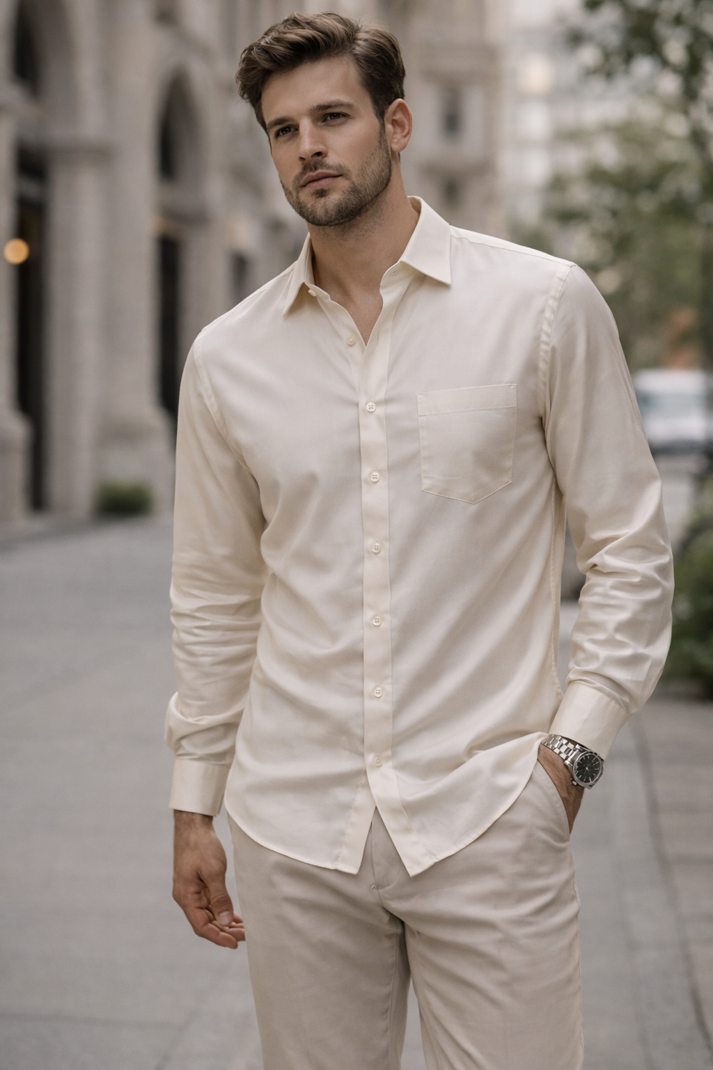 Men’s Premium Solid Cotton Satin Ivory Cream - 26500