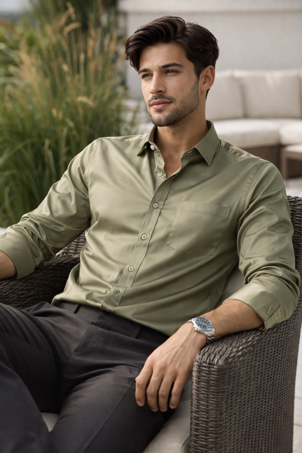 Men’s Solid Cotton satin Olive Green Shirt - 26495
