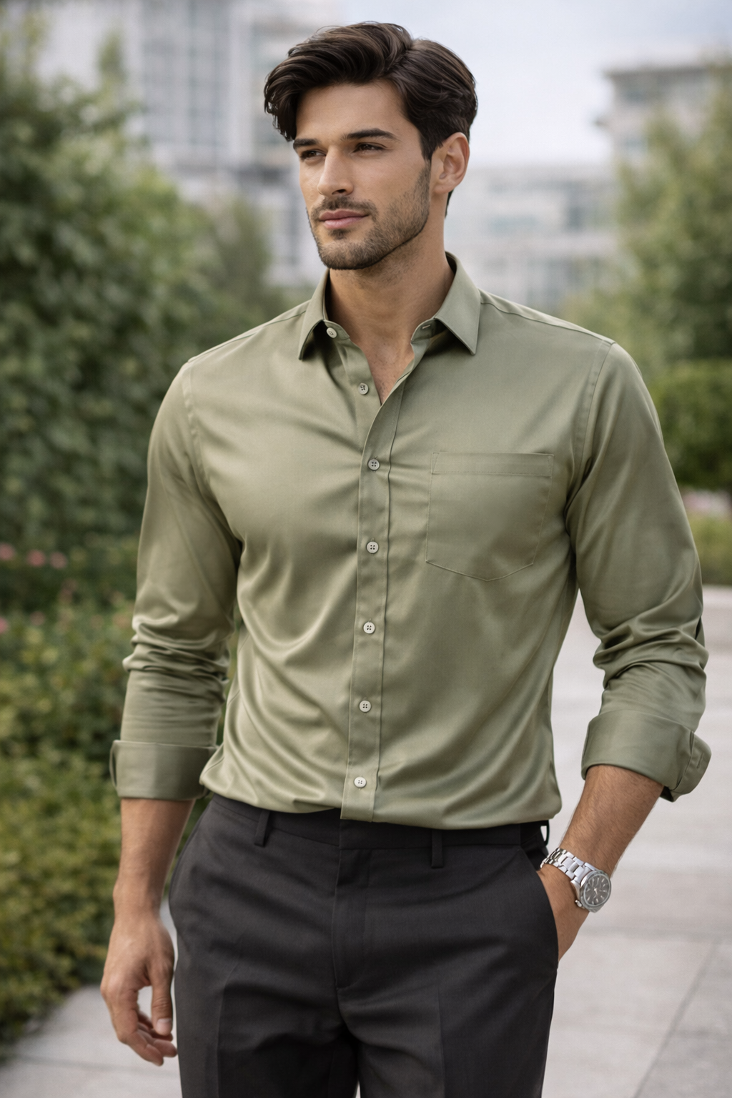 Men’s Solid Cotton satin Olive Green Shirt - 26495