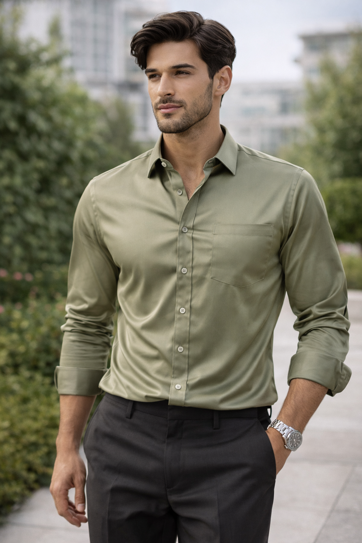 Men’s Solid Cotton satin Olive Green Shirt - 26495