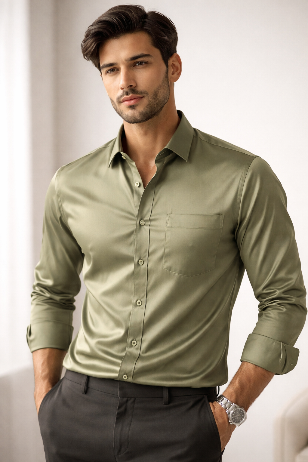 Men’s Solid Cotton satin Olive Green Shirt - 26495