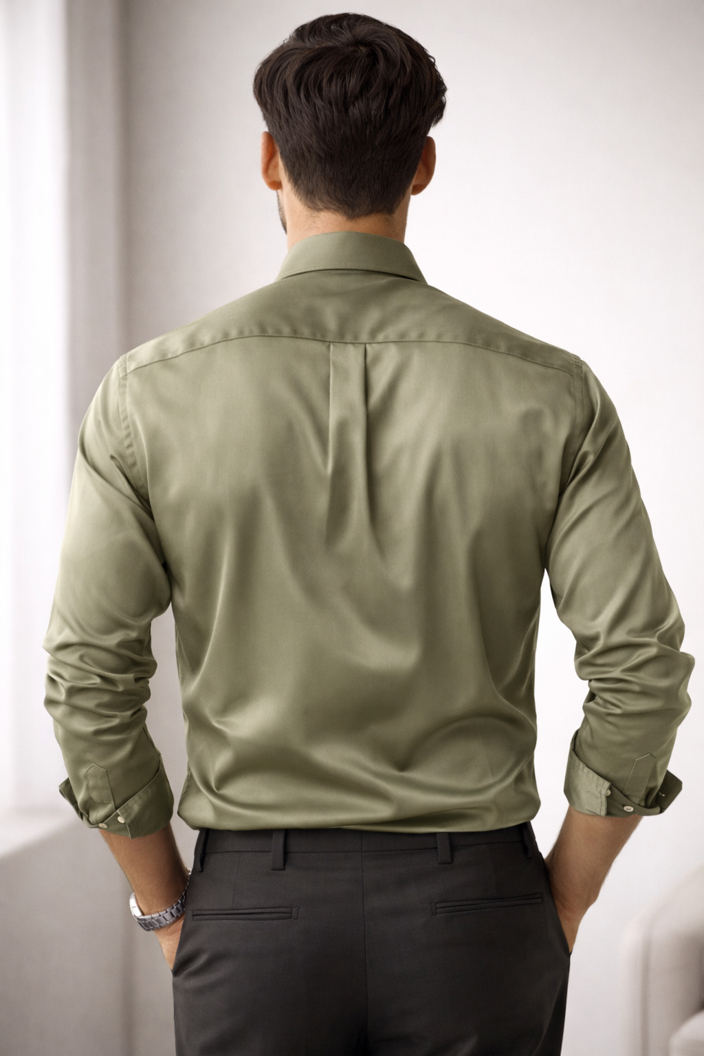 Men’s Solid Cotton satin Olive Green Shirt - 26495