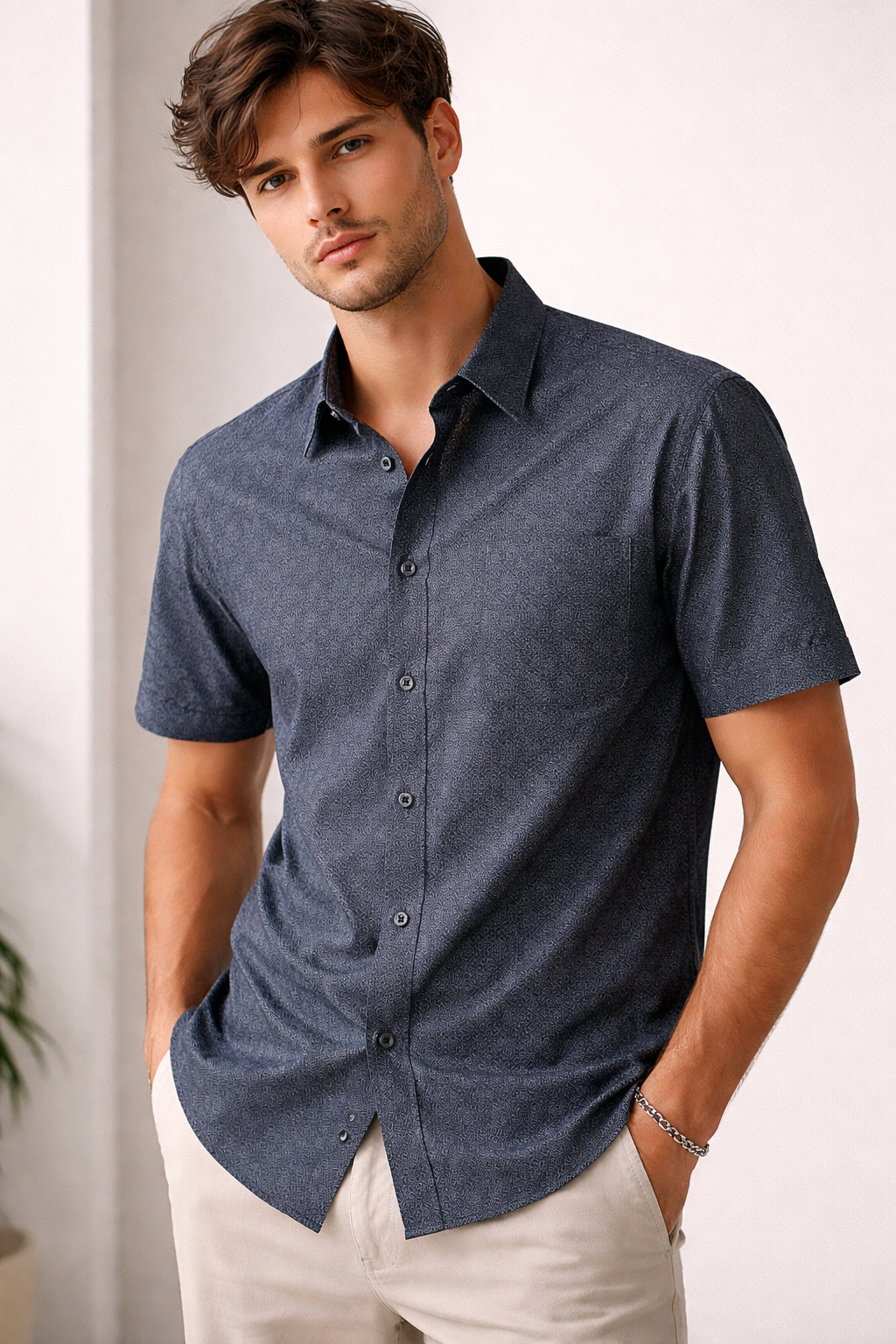 Men's Navy Geometric Hex-Print Shirt - 25718
