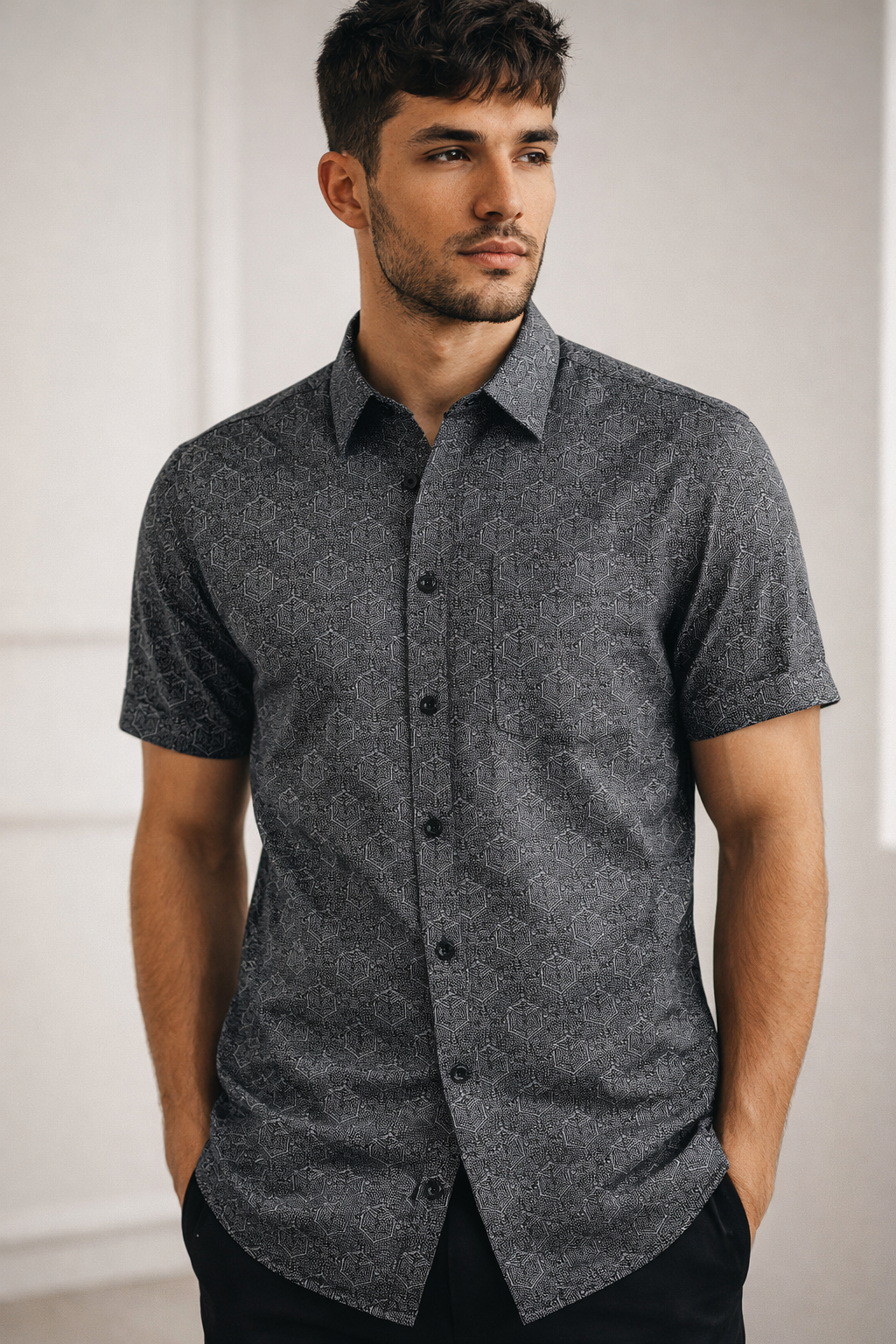 Men’s Charcoal Geometric Hex-Print Casual Shirt - 25719