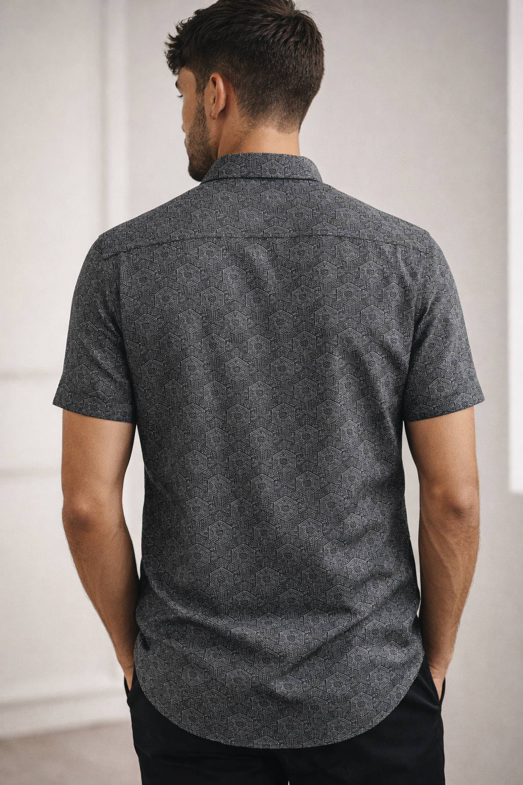 Men’s Charcoal Geometric Hex-Print Casual Shirt - 25719