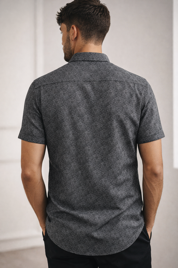 Men’s Charcoal Geometric Hex-Print Casual Shirt - 25719
