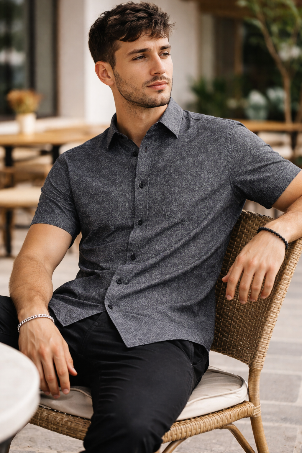 Men’s Charcoal Geometric Hex-Print Casual Shirt - 25719