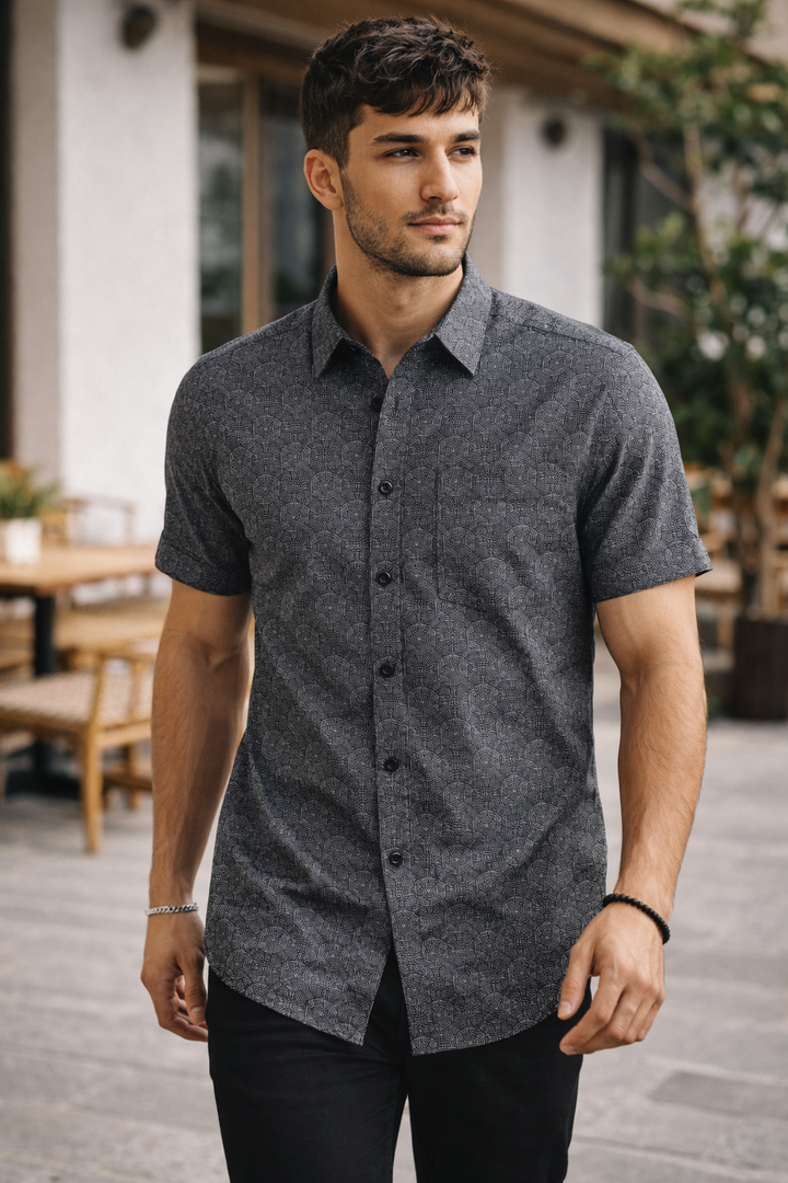 Men’s Charcoal Geometric Hex-Print Casual Shirt - 25719