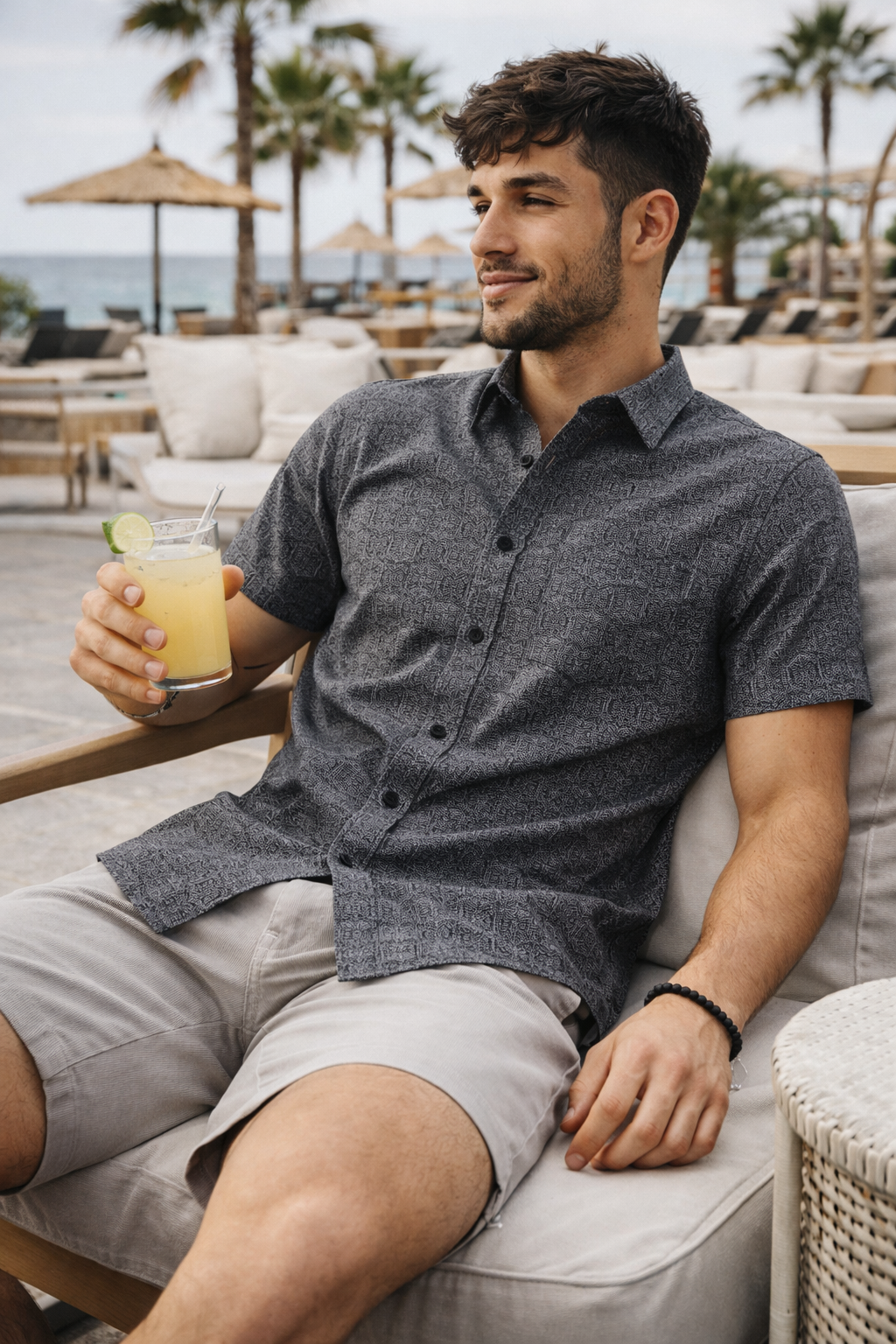 Men’s Charcoal Geometric Hex-Print Casual Shirt - 25719