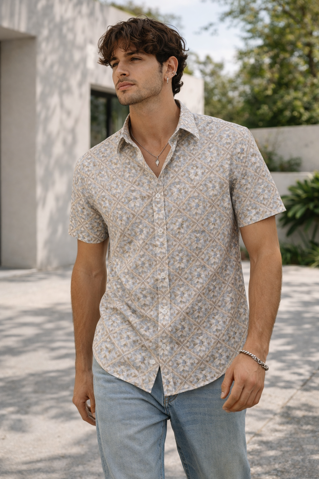 Men’s Geometric Mosaic Print Cotton Shirt - 25726