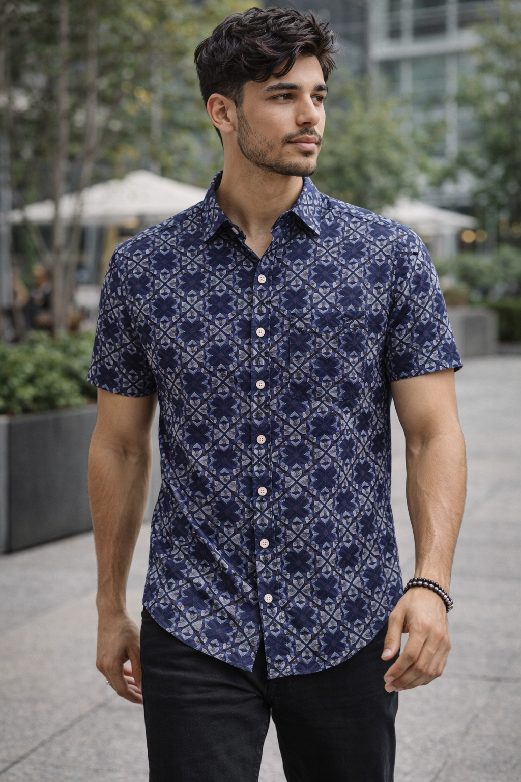 Men’s Kaleidoscopic Diamond Print Cotton Shirt - 25725