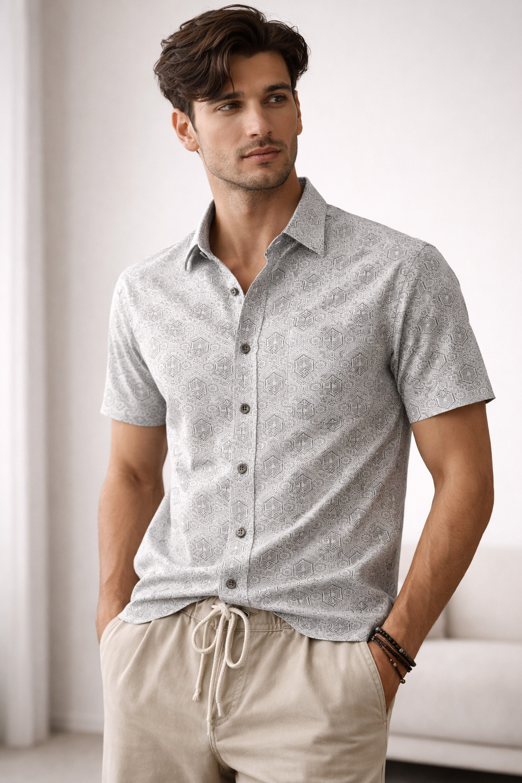 Men’s Arctic Grey Micro-Geometric Print Cotton Shirt - 25717