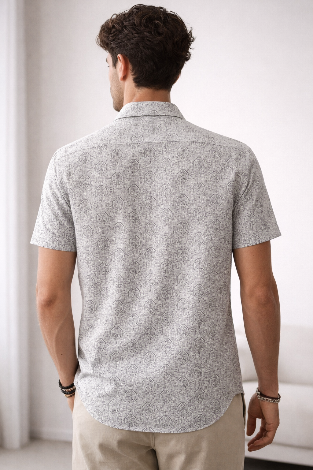 Men’s Arctic Grey Micro-Geometric Print Cotton Shirt - 25717