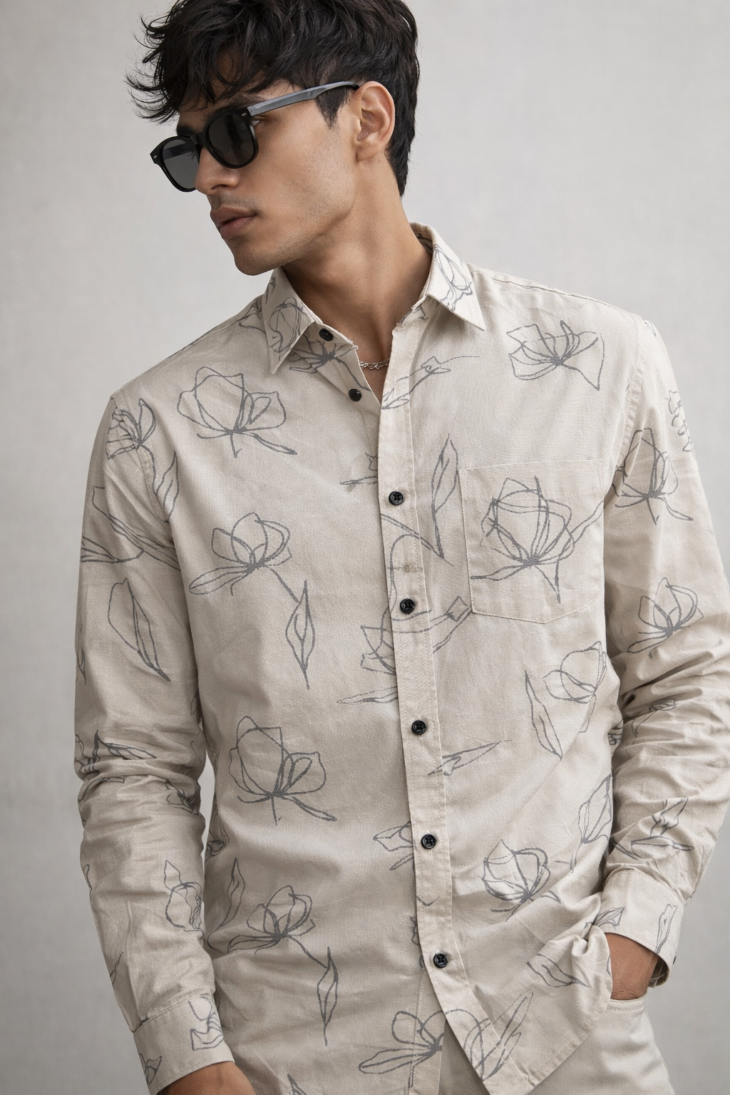 Men’s Beige Floral Line-Art Printed Casual Shirt