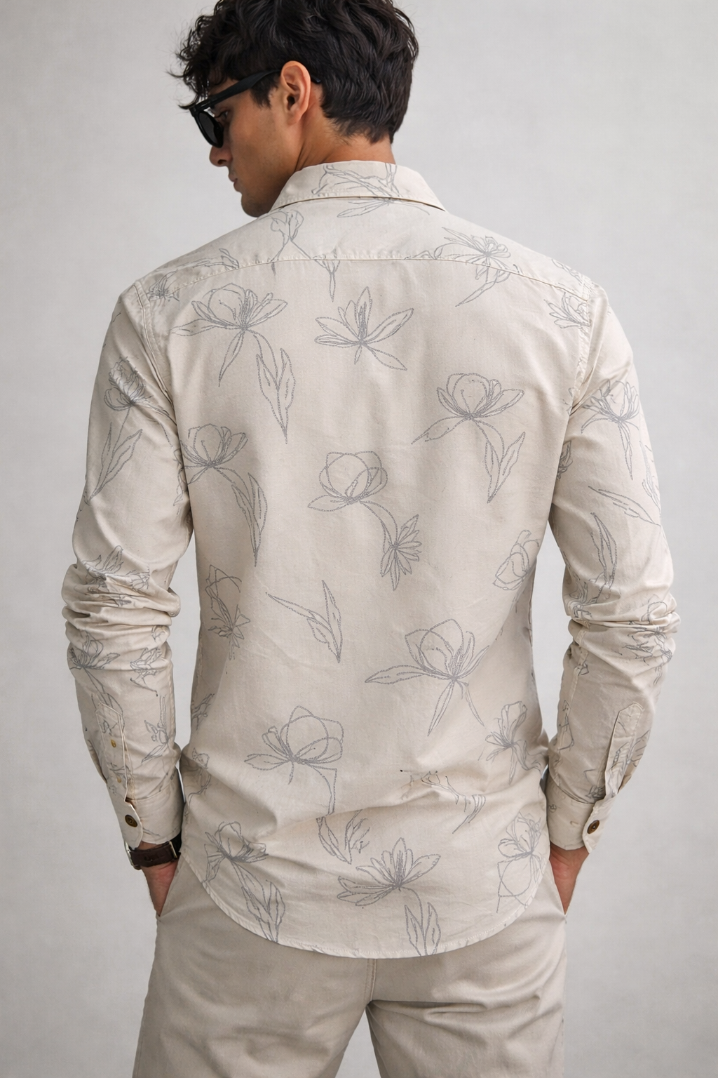 Men’s Beige Floral Line-Art Printed Casual Shirt