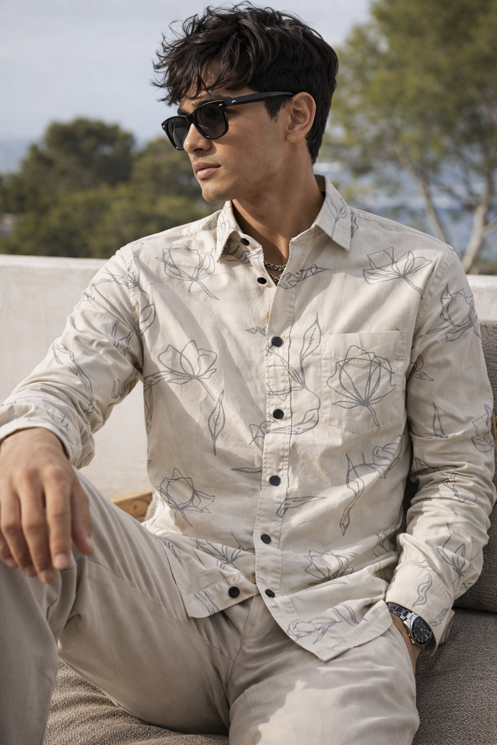Men’s Beige Floral Line-Art Printed Casual Shirt