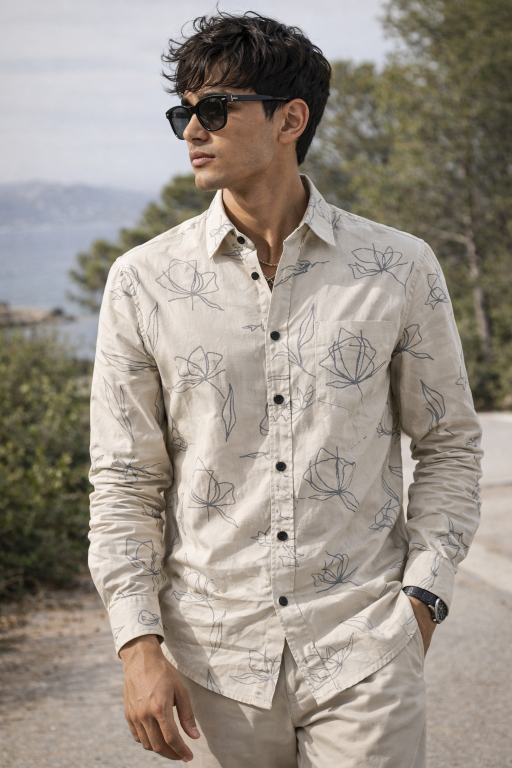 Men’s Beige Floral Line-Art Printed Casual Shirt