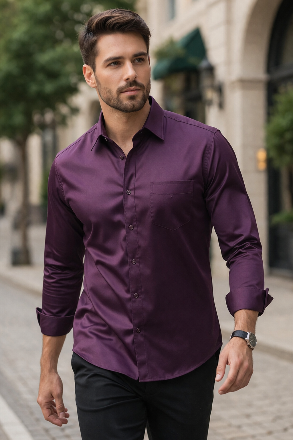 Men’s Solid Cotton Satin Formal Shirt – Deep Wine Purple - 26498