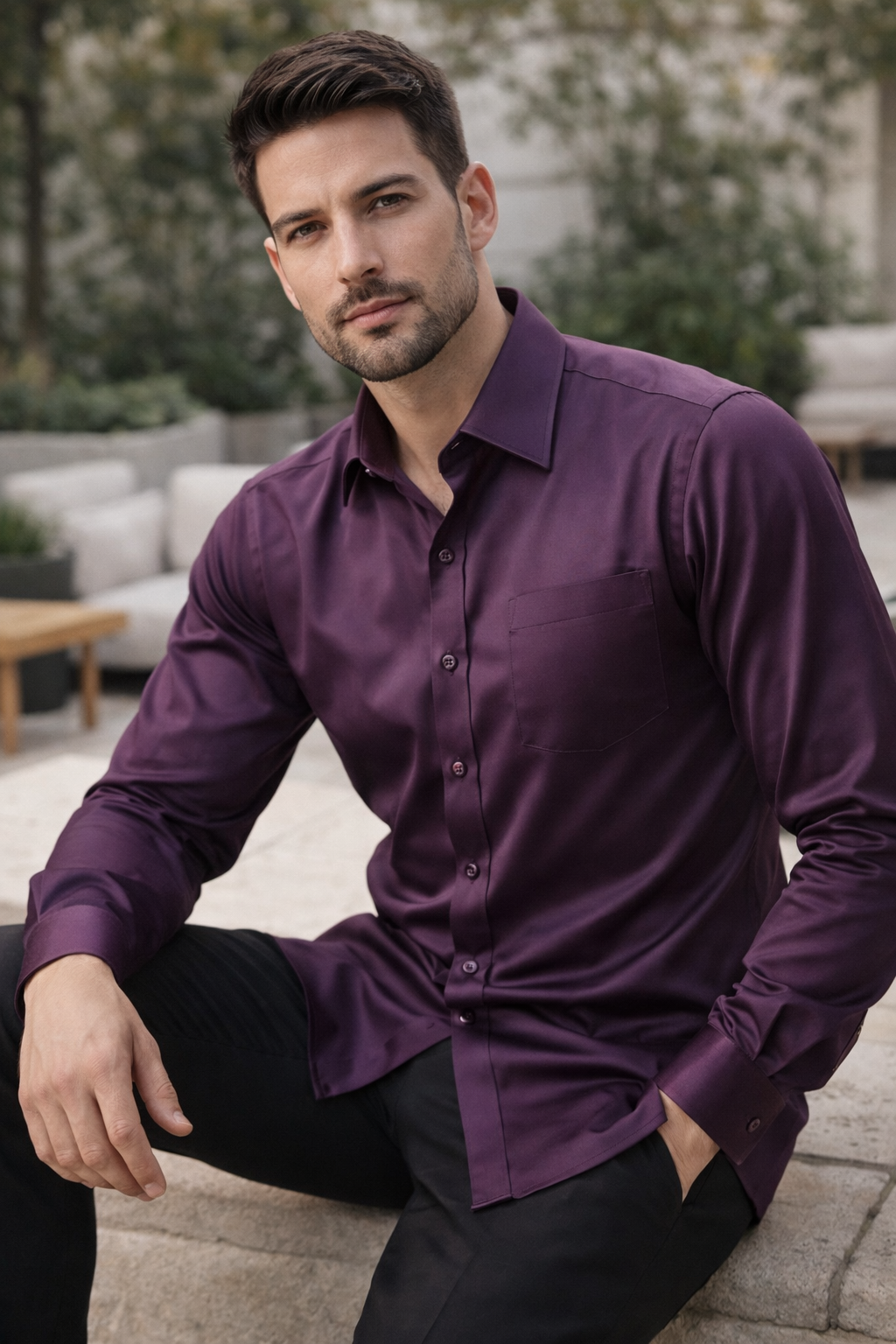 Men’s Solid Cotton Satin Formal Shirt – Deep Wine Purple - 26498