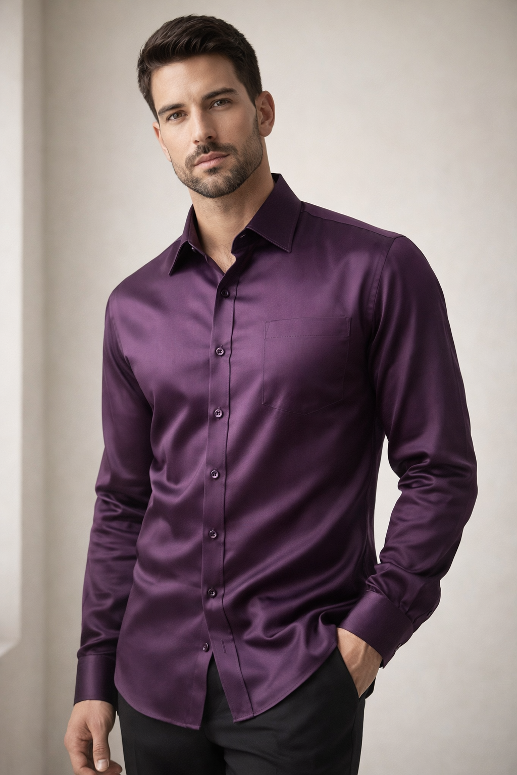 Men’s Solid Cotton Satin Formal Shirt – Deep Wine Purple - 26498