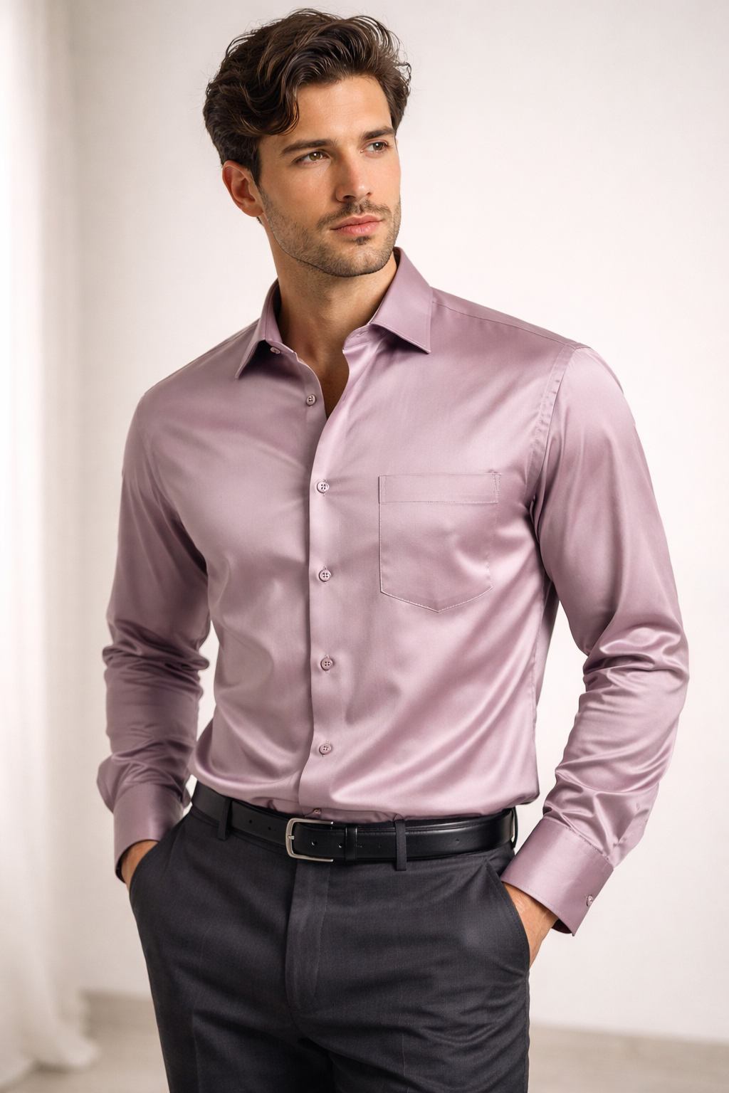 Men’s Solid Lavender Cotton Satin Formal Shirt  - 26496