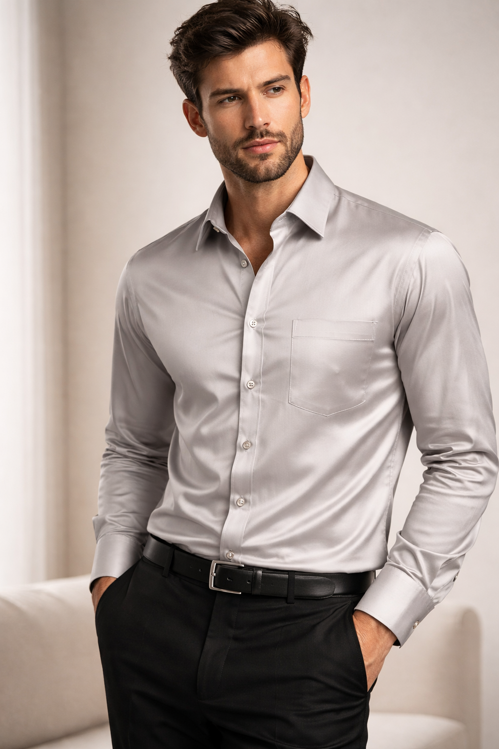 Men’s Classic Solid Cotton Satin Formal Shirt – Light Grey - 26501