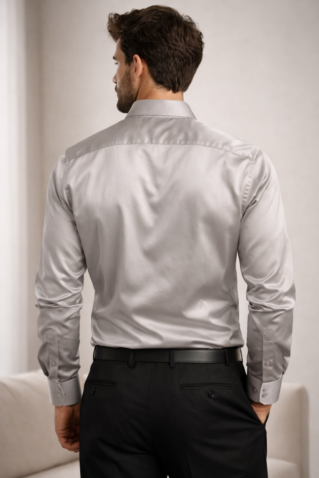 Men’s Classic Solid Cotton Satin Formal Shirt – Light Grey - 26501