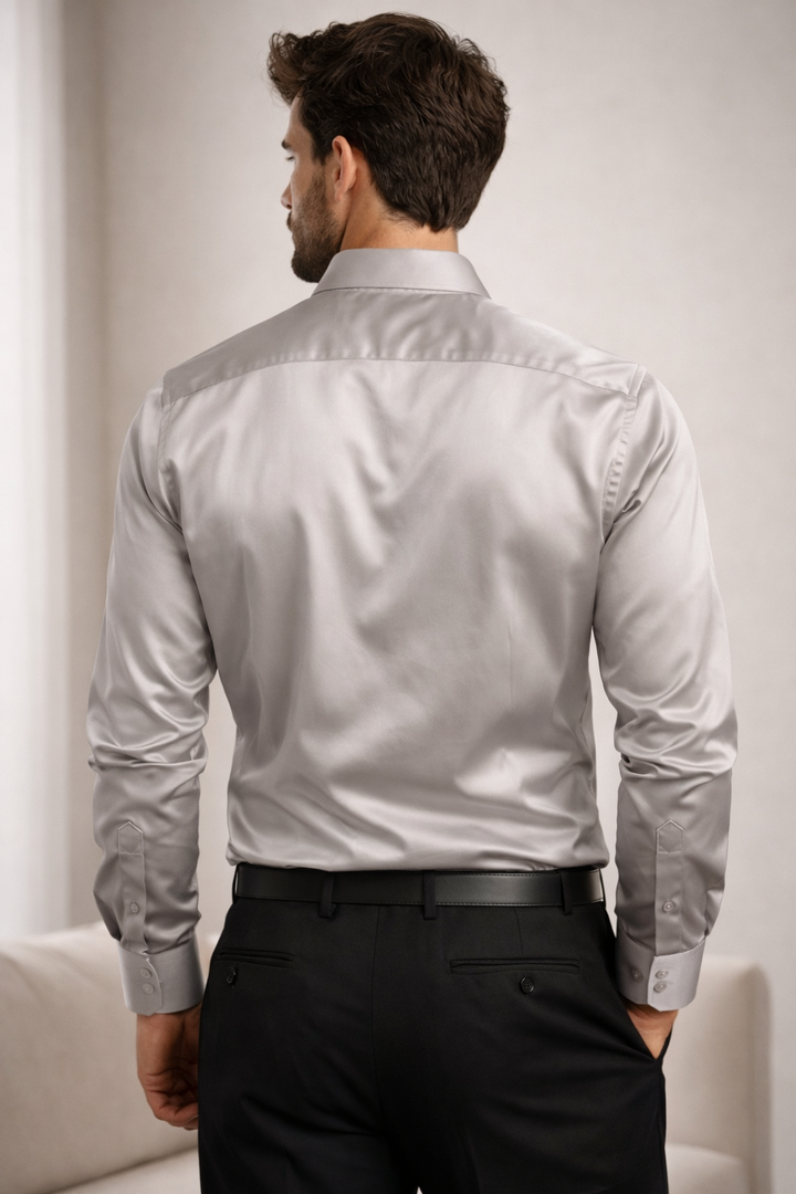 Men’s Classic Solid Cotton Satin Formal Shirt – Light Grey - 26501