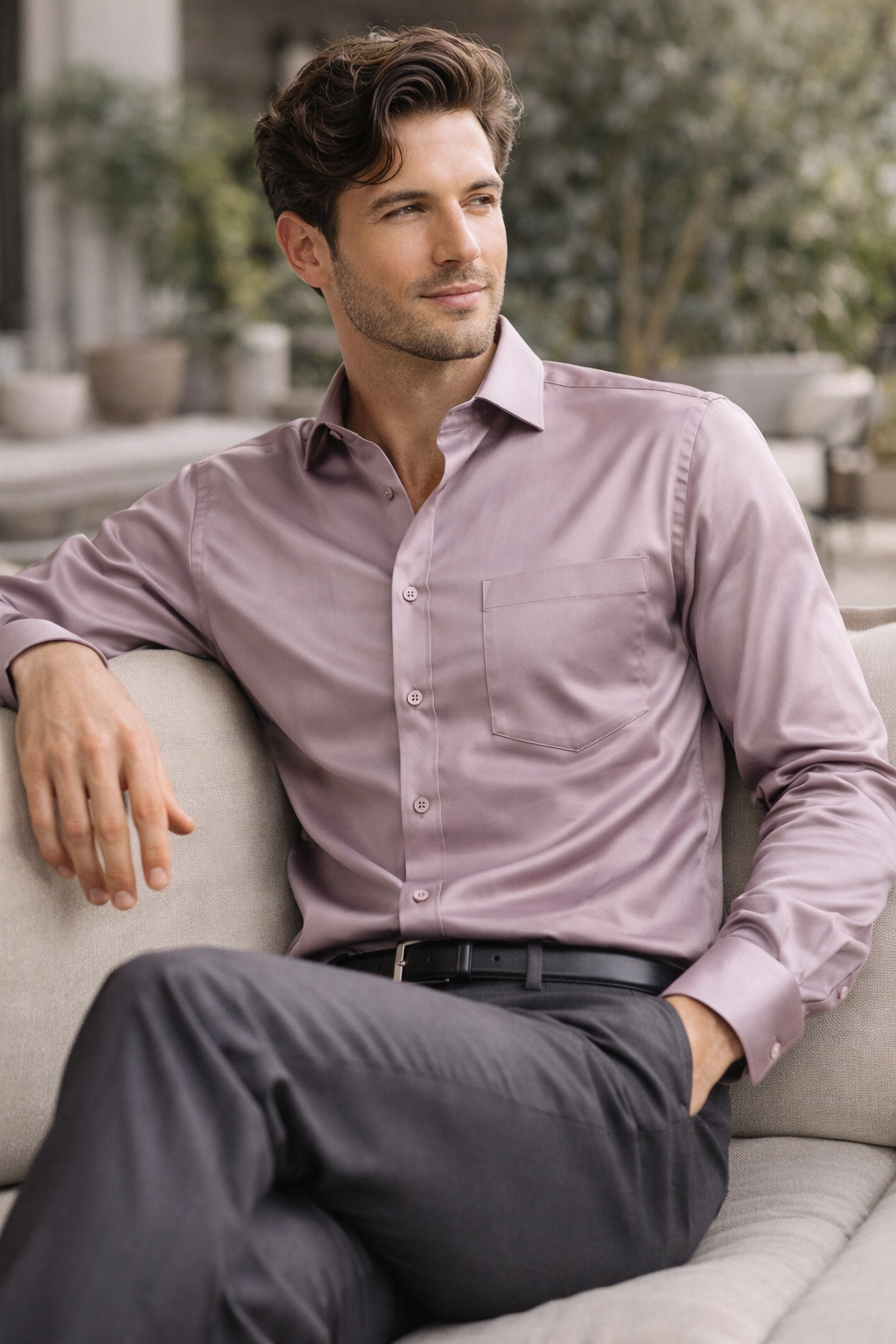 Men’s Solid Lavender Cotton Satin Formal Shirt  - 26496