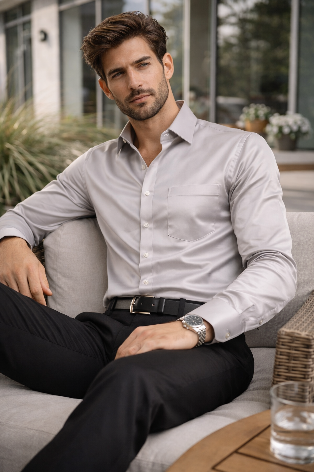 Men’s Classic Solid Cotton Satin Formal Shirt – Light Grey - 26501