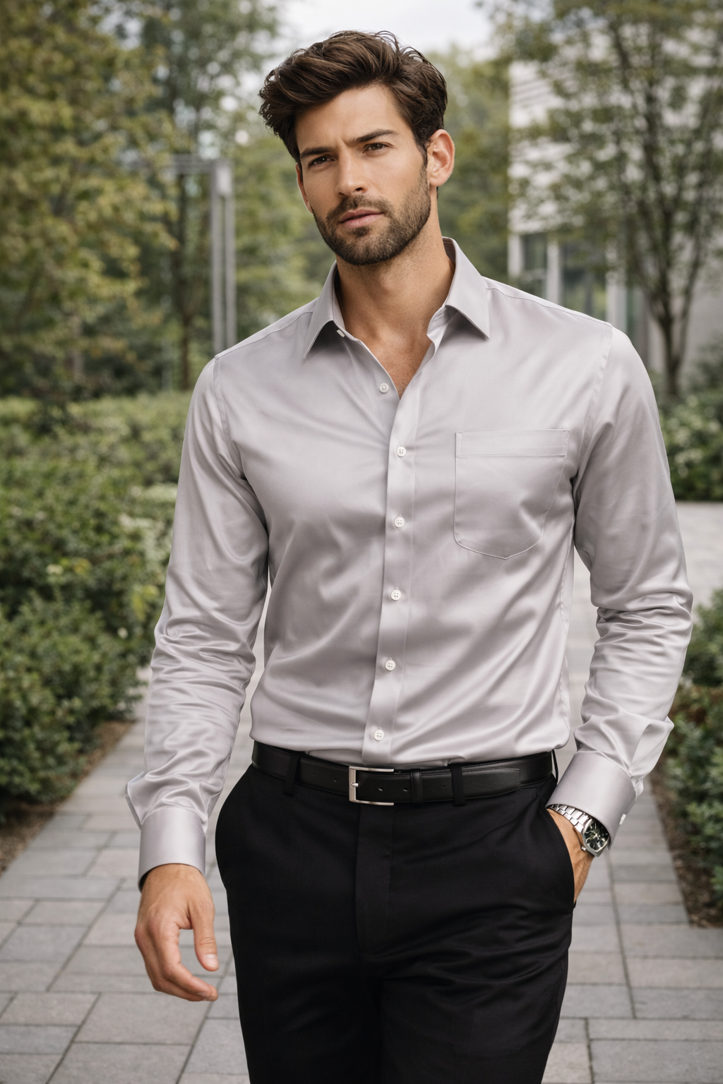 Men’s Classic Solid Cotton Satin Formal Shirt – Light Grey - 26501