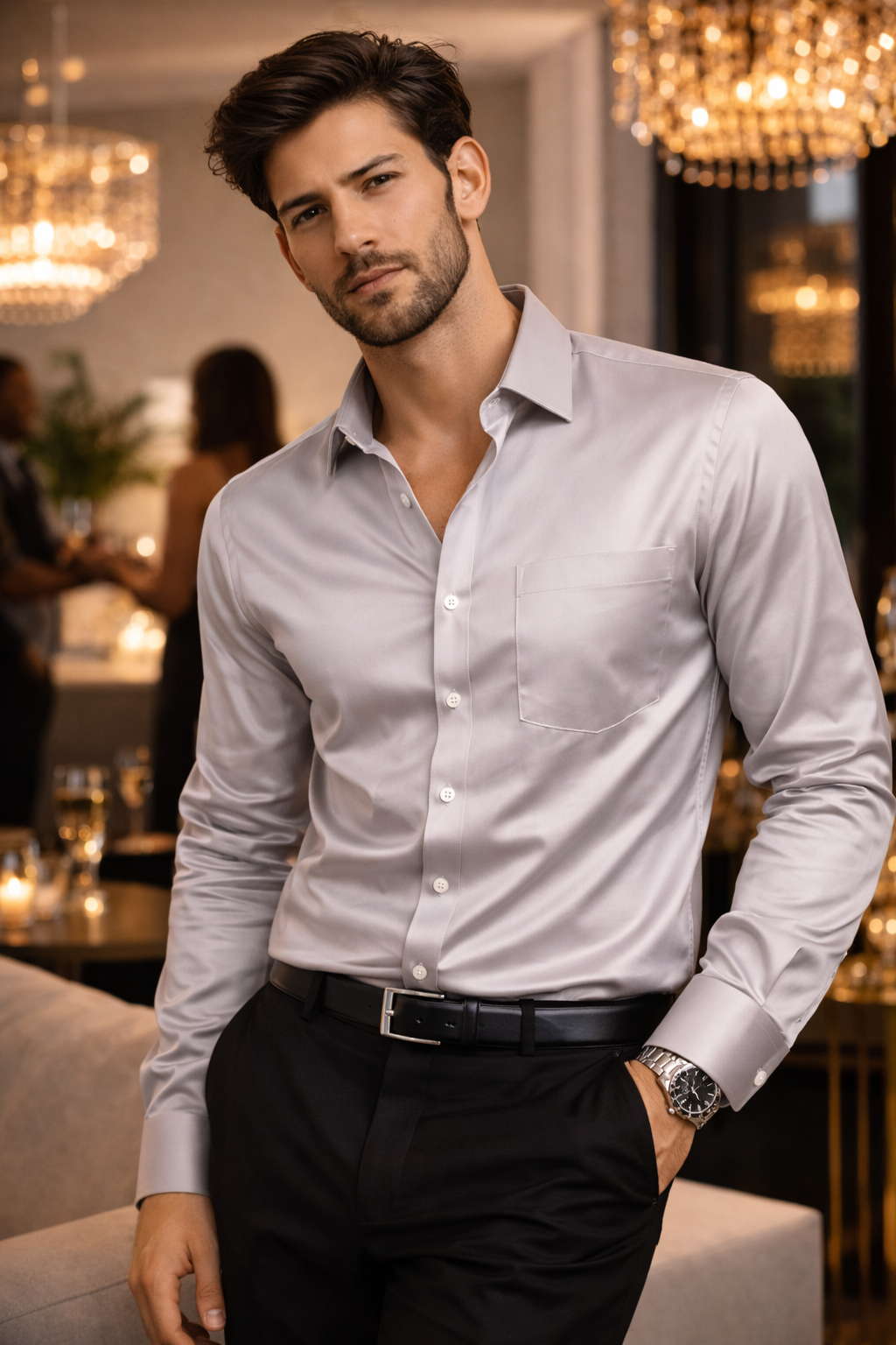 Men’s Classic Solid Cotton Satin Formal Shirt – Light Grey - 26501