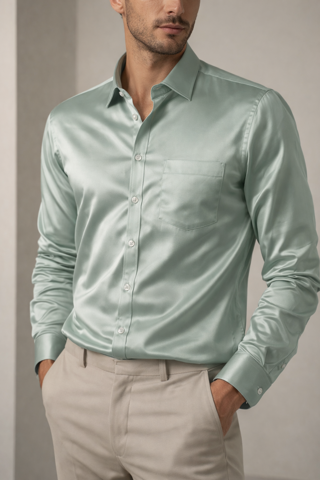 Men’s Solid Cotton Satin Formal Shirt – Mint Green - 26494