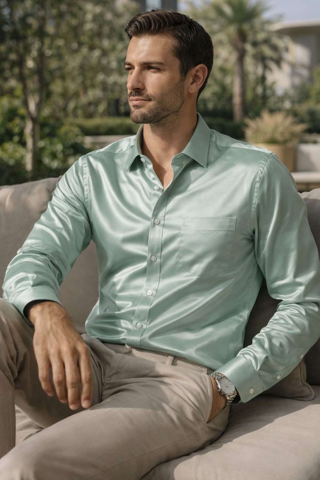 Men’s Solid Cotton Satin Formal Shirt – Mint Green - 26494