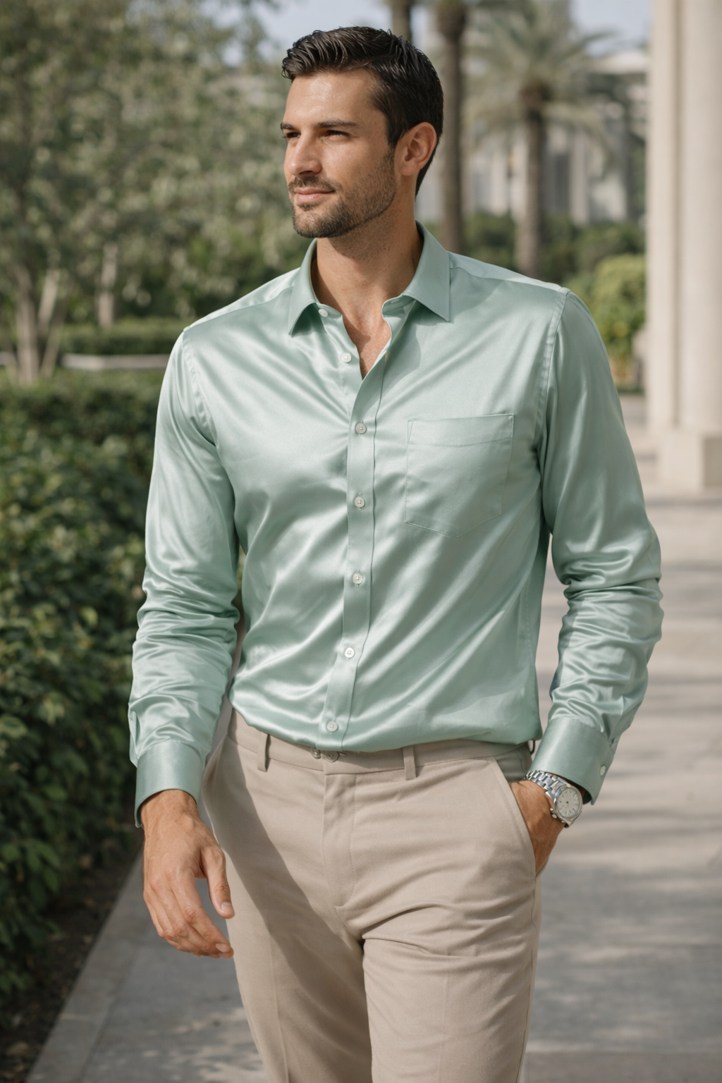 Men’s Solid Cotton Satin Formal Shirt – Mint Green - 26494